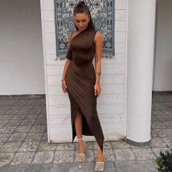 New Summer Euro-American Style Women's Solid Color Casual Asymmetrical Neck Sleeveless Bodycon Maxi Dress